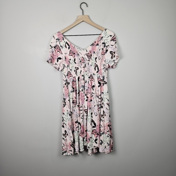 Torrid Mini Challis Smocked Skater Dress Pink Floral Butterfly 0 - Picture 7 of 9